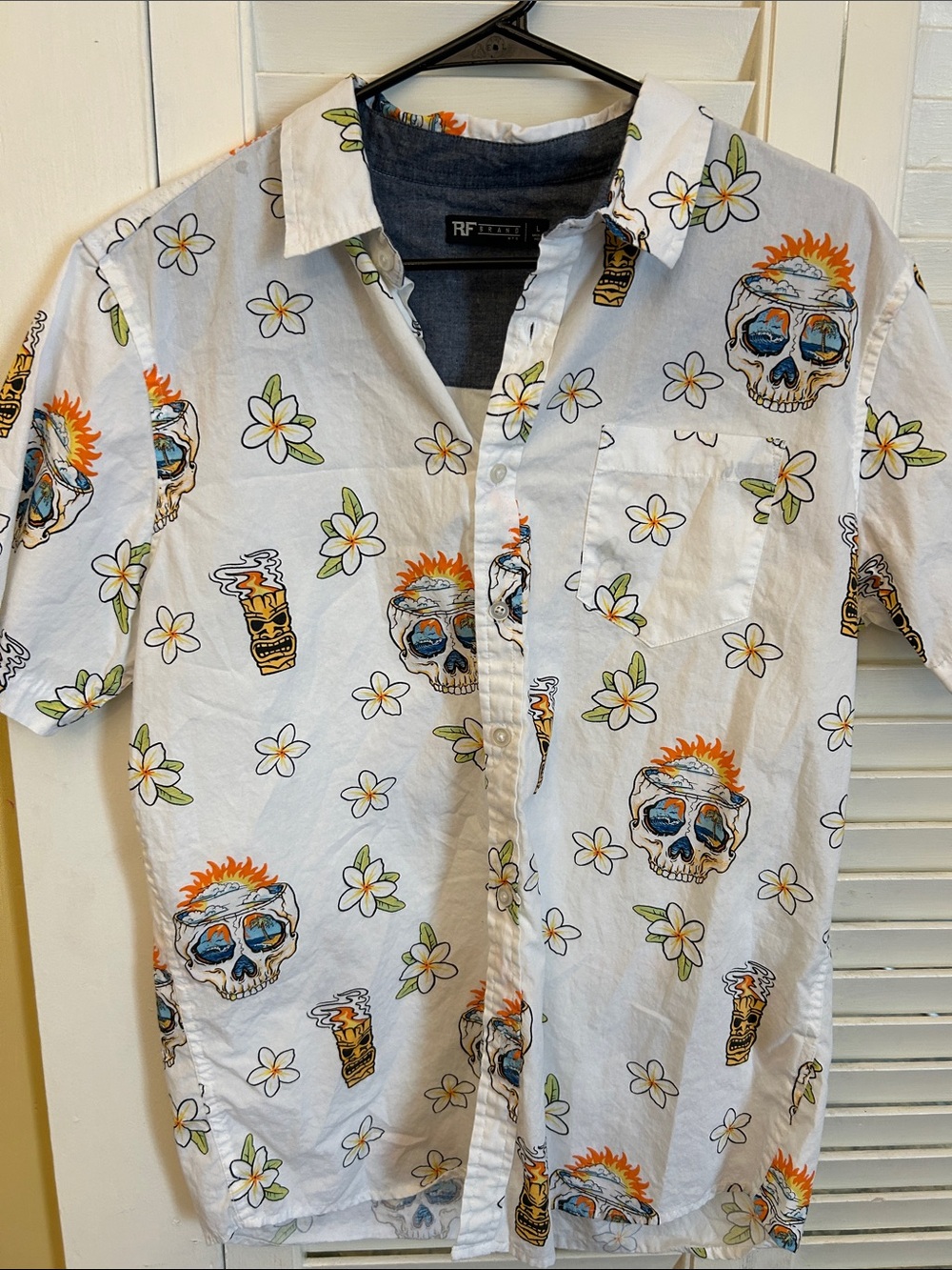 Cotton- RF brand White Floral & Skull Print Short Sleeve Shirt